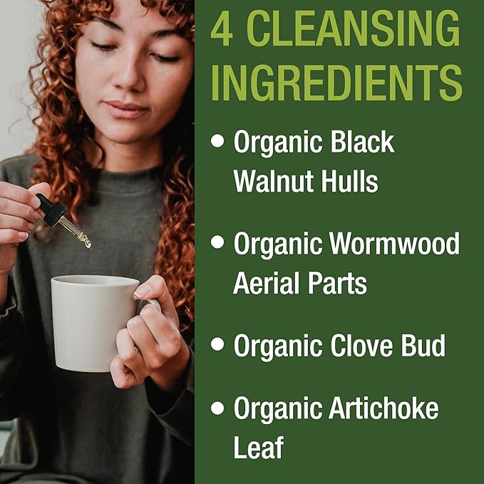 USDA Organic Wormwood Black Walnut Clove Drops Cleanse for Humans. Sugar Free Supplement for Intestinal Cleanse Detox Support for Adults and Kids. with Artichoke and Clove Bud. Kosher No GMOs