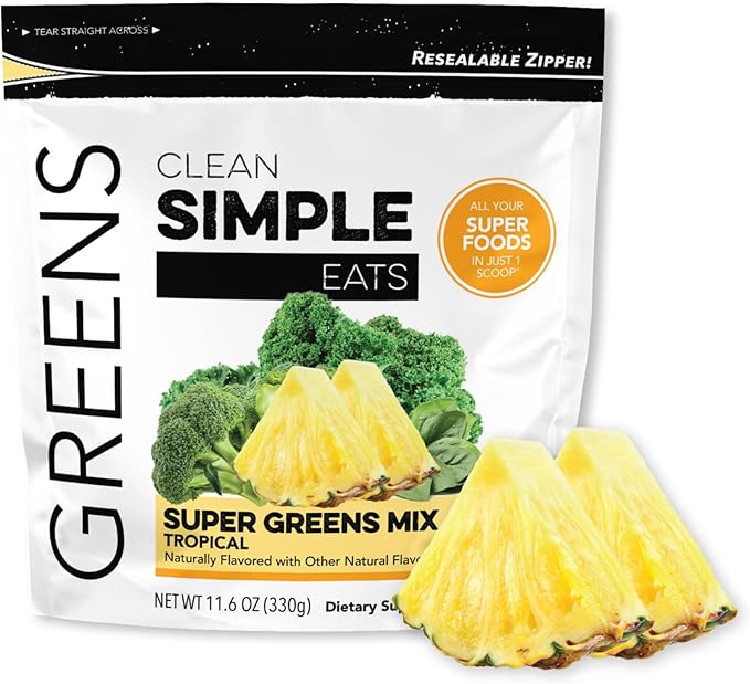 Clean Simple Eats Super Greens Powder Naturally Flavored Greens Powder with Chlorella Spirulina Superfoods &amp Prebiotic Fiber No Artificial Ingredients Gluten Free Tropical Greens Flavor 30
