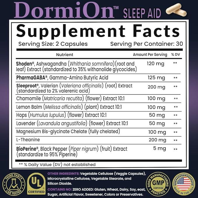 DormiOn™ Sleep + Restore + Stress Supplement Herbal Sleep Aid for Women &amp Men. No-Melatonin Non-Habit Forming. Clinically-Proven Ashwagandha GABA Valerian &amp Magnesium. Vegan &amp Non-Grog