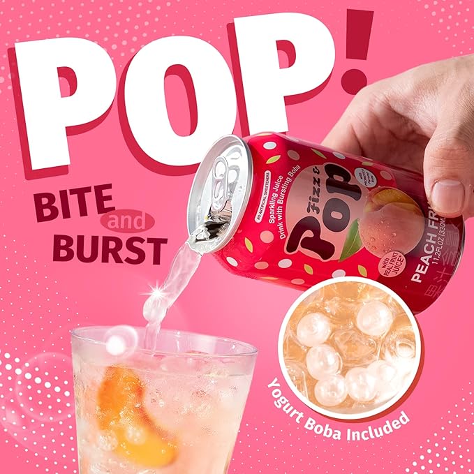 NÜLIFE Fizz &amp Pop Sparkling Popping Boba Drink Peach Carbonated Drink with Yogurt Style Bursting Pearls Sparkling Juice in Can Caffeine-Free Authentic Taiwan Sparkling Boba Fruit Juice 11.2 F