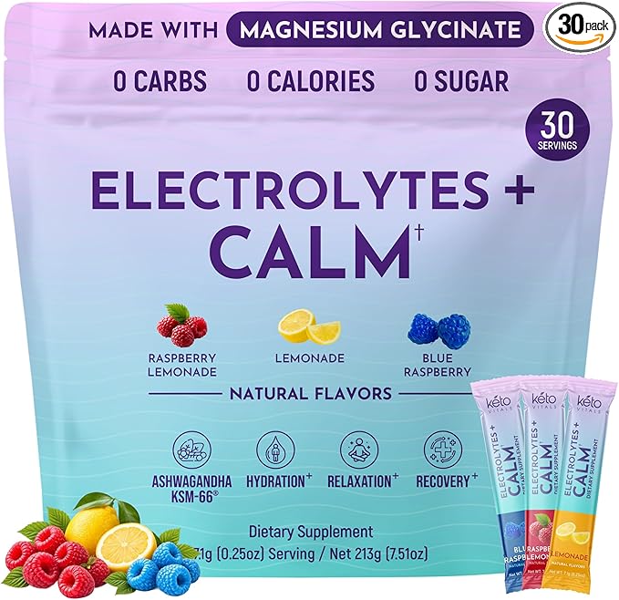 Keto Vitals Calm Magnesium Powder Packets Plus Electrolytes - Calming Drink Mix for Sleep - Natural Magnesium Glycinate Supplement with Ashwagandha KSM 66 L Theanine &amp Vitamin D - 30 Servings