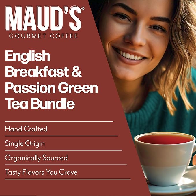 Maud's Organic Passion Green Tea &amp Organic English Breakfast Black Tea Bundle 48 ct Single Serve Pods – 100% Gourmet Blended Tea Leaves Compatible with Keurig K Cups Maker