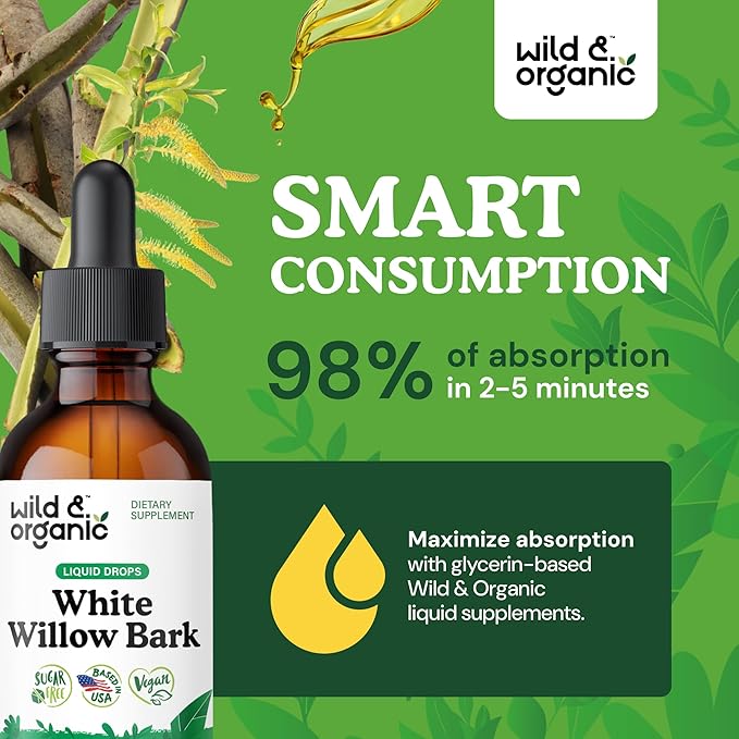 Wild &amp Organic White Willow Bark Extract Liquid Drops - Overall Well-Being Supplement - 500 mg White Willow Bark Herb Tincture - No Alcohol &amp Sugar Non-GMO - 2 fl oz