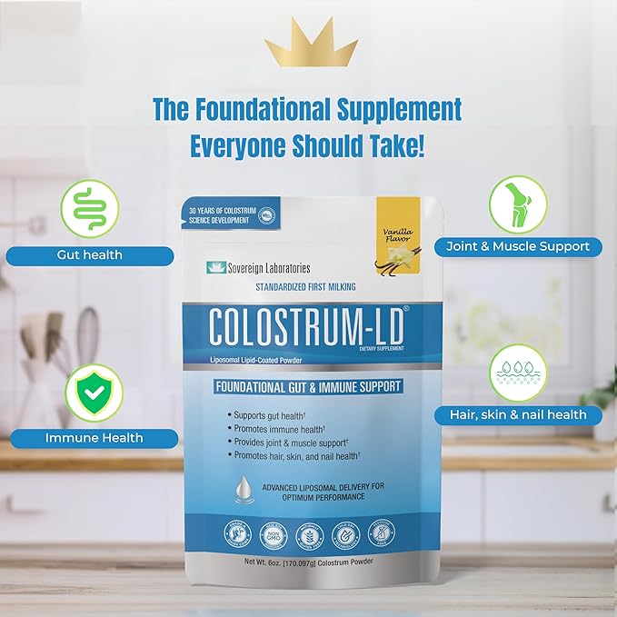Colostrum-LD Liposomal Delivery - Colostrum Powder - Gluten-Free Lactose-Reduced - 34 Servings - Sovereign Laboratories - 6 oz Vanilla