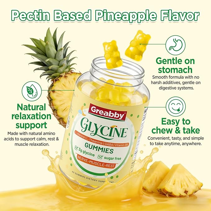 Glycine 3g Gummies with L-Alanine 1000mg L Theanine GABA Vitamin B6 Nerve Muscle Relaxation High Absorption Glycine Supplements for Adults Sugar Free Pineapple Flavor 60 Gummies