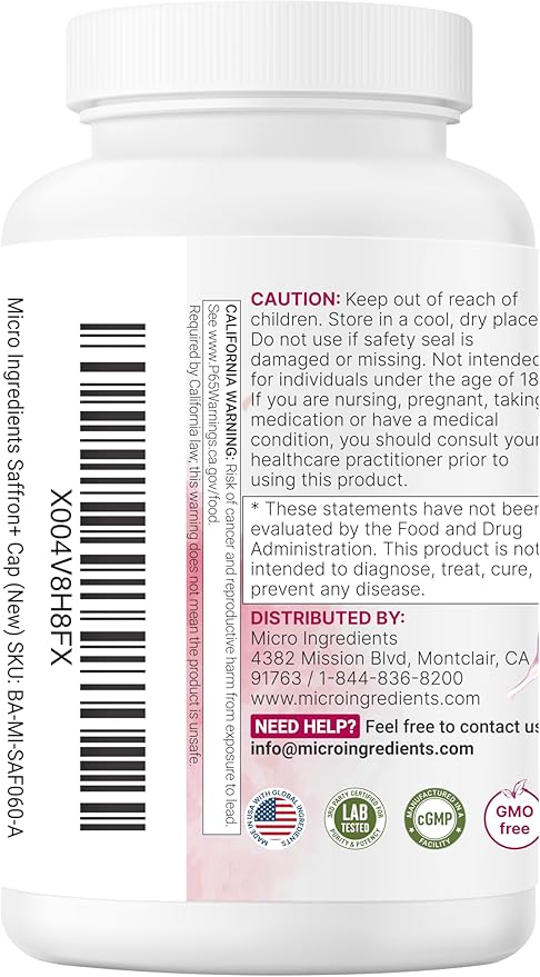 Micro Ingredients Saffron+ Advanced Supplements 60 Veggie Capsules – 10-in-1 with Saffron Extract High Absorption Fat-Soluble Vitamin C Magnesium Turmeric &amp KSM-66 Ashwagandha – Filler Free