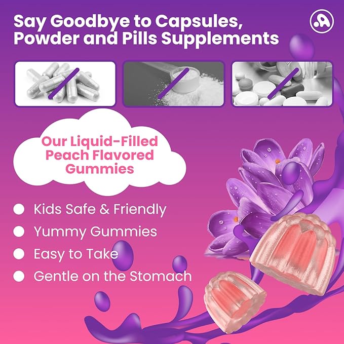 Saffron Gummies for Kids Adults 88.5mg 15-in-1 Saffron Supplements for Kids with B6 B12 C D3 Magnesium Glycinate Zinc for Nerve Rest Focus Sugar Free Vegan Non- GMO Peach Flavor 60 Count