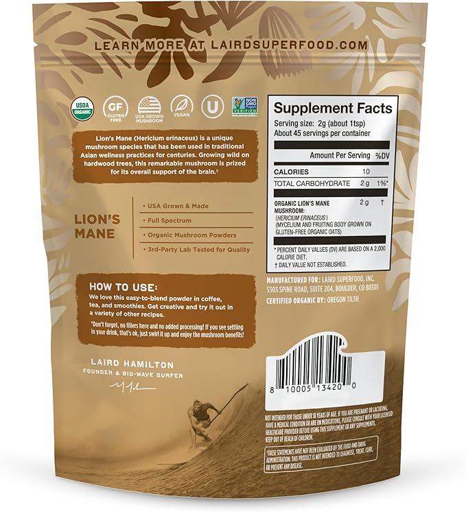 Laird Superfood Organic Lions Mane Mushroom Powder for Cognitive Function and Immune Support 3.17 oz. Bag Pack of 1