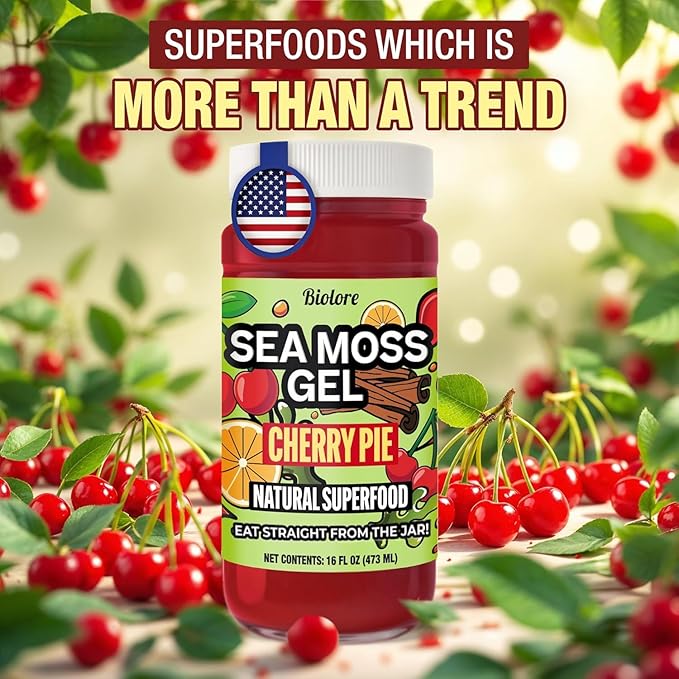 Biolore Cherry Pie Sea Moss Gel 16 oz - No Added Sugar Vegan Made in USA - Wildcrafted Sea Moss Superfood with 92 Essential Vitamins - Ready to Use No Prep Needed
