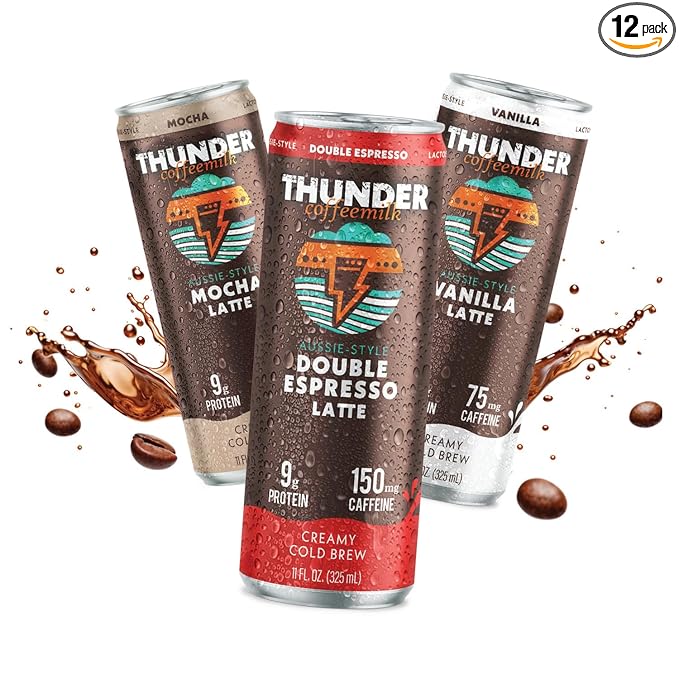Thunder CoffeeMilk - 11 oz Aussie Style Cold-Brewed Latte Canned Coffee Iced Coffee Cans for Grab &amp Go Natural Protein-Rich 75-150mg Caffeine Energy Drink in Handy Cold Brew Cans 12 Variety Pac