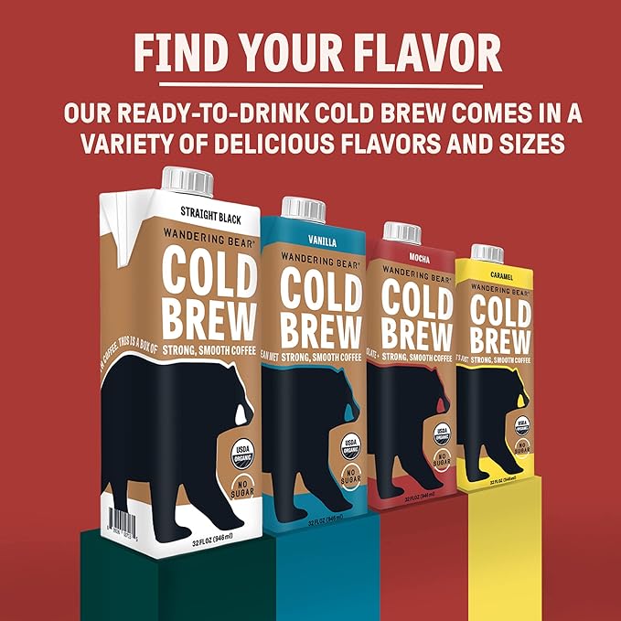 Wandering Bear Organic Mocha Cold Brew Coffee - Strong Bold Smooth Unsweetened Shelf-Stable Ready to Drink Gluten Free &amp Vegan Iced Cold Brewed Coffee Drink - 32 fl oz 6 pack