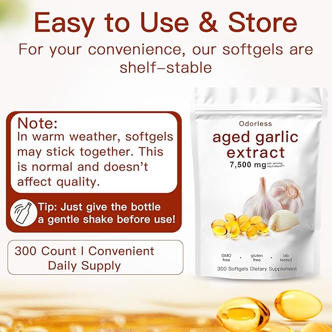 Aged Garlic Extract-300 Count 7500mg Odorless Organic Garlic Capsules Supplement for Heart &amp Immune Support – Non-GMO All-Natural Softgels 2-Year Matured for Antioxidant Wellness