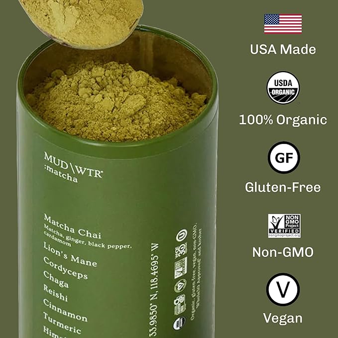 MUDWTR Mushroom Matcha Powder | 3000mg of Adaptogenic Mushrooms | Japanese Matcha Powder Blend | USDA Organic | Energy Focus &amp Immunity Support | Lion's Mane Chaga Reishi Cordyceps | 30 Servi