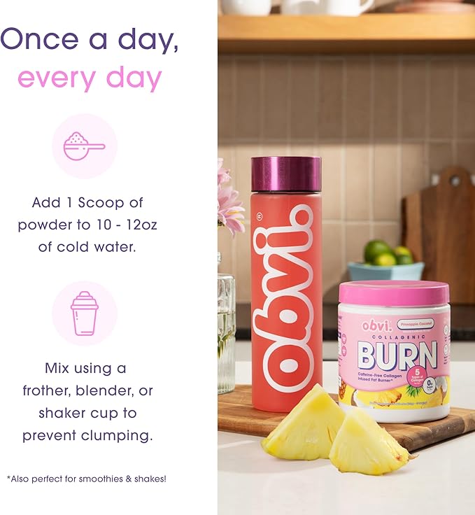 Obvi Collagenic Burn Powder | Multi-Collagen Peptide Blend with GBB Ashwagandha &amp Green Coffee | Pineapple Coconut 25 Servings
