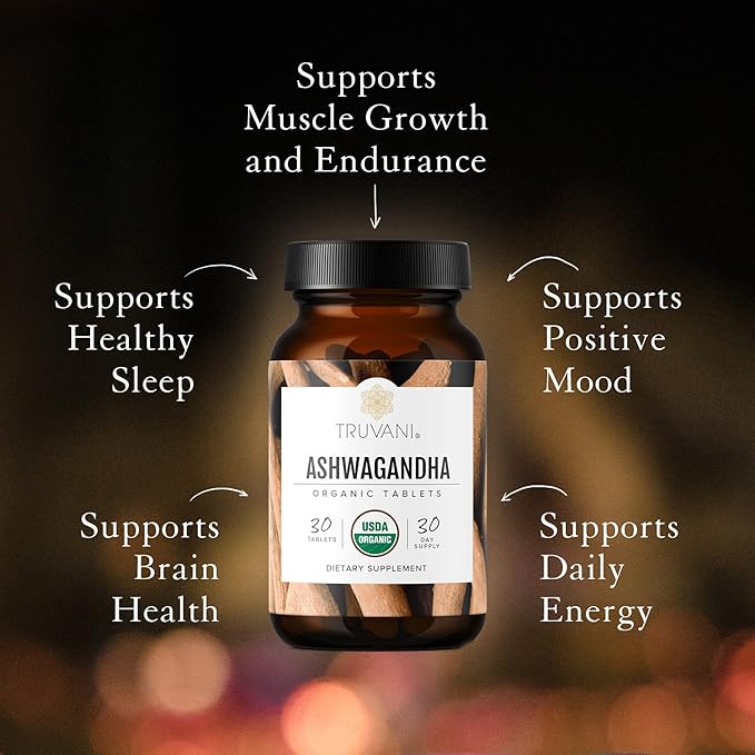 Truvani Organic Ashwagandha | Daily Energy Positive Mood Support Supports Brain Health | Supports Muscle Growth and Endurance | Healthy Sleep Support | Non-GMO | 30 Day Supply