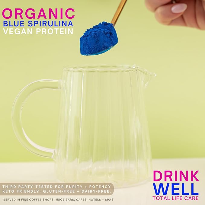 Eleven TLC Organic Blue Spirulina Powder Flavorless Superfood Vitamins + Minerals Espirulina Azul en Polvo Plant Protein Non-GMO Non Messy Glass Jar 1.24 Ounce 35 Servings