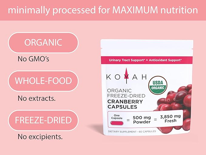 KOYAH - Organic Cranberry Capsules – 500 mg Freeze-Dried Whole-Berry Vegan Non-GMO Supports Urinary Tract &amp Antioxidant Health 60 Capsules