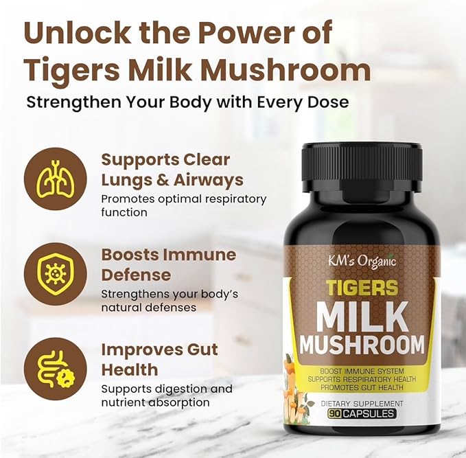 KM's Organic Tiger’s Milk Mushroom Supplement 10:1 Extract (Lignosus Rhinocerus) – Respiratory &amp Immune Support Gut Health – 450 mg 90 Vegan Capsules