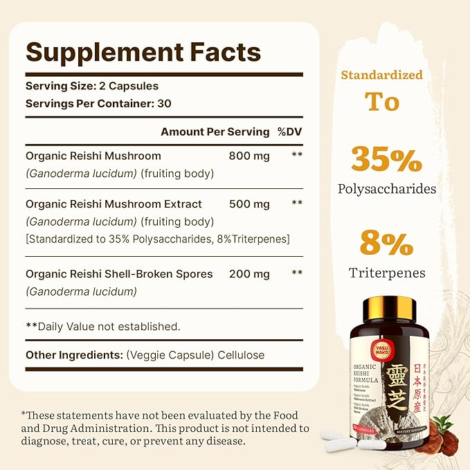 Japanese Reishi Mushroom Supplement 800mg with Reishi Mushroom Extract 500mg &amp Shell-Broken Spores 200mgOrganic Mushroom Capsules for Immune System - Real Fruiting Body (Pack of 1)