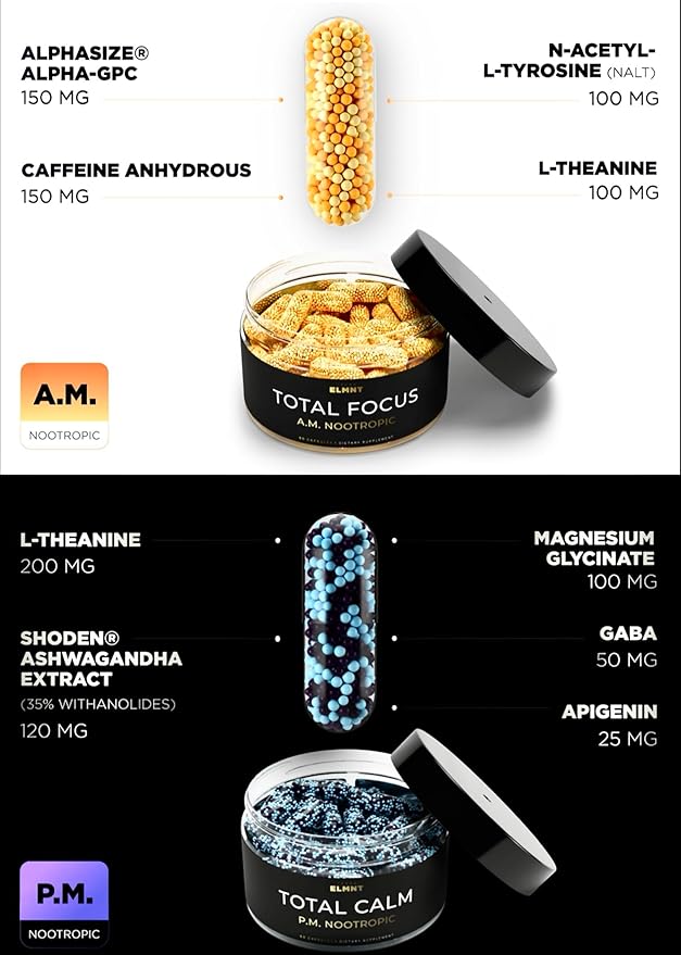 AMPM Nootropic Total Focus + Calm 9X Strength w. Caffeine L-Theanine Alpha GPC L-Tyrosine Ashwagandha - X-Release Energy Pills Nootropics Brain Support Supplements for Memory and Focus Supplement