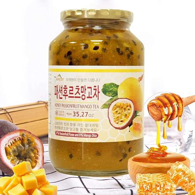 Apexy Korean Honey Passionfruit Mango Tea Made with Real Fruit No Artificial Colors – Tropical Drink Base Dessert Topping Smoothies Cocktails Yogurt Made in KOREA 35.27oz (1kg). (Passion Fruit Ma