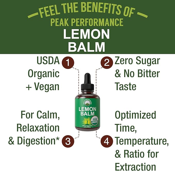 Peak Performance USDA Organic Lemon Balm Tincture - Liquid Oil Drops Supplement for Relaxation Calm Digestion - Vegan Leaf Extract - Zero Sugar Gluten Free Supplements for Women &amp Men 2 fl oz