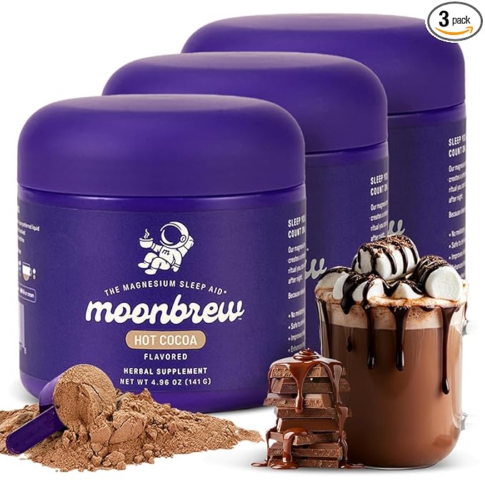 MoonBrew Nighttime Magnesium Hot Cocoa Natural Sleep Aid Drink Mix for Adults 3-Pack - Calming Melatonin-Free Sleep Support - Sleepy Hot Chocolate Powder with L-Theanine Chamomile &amp Zinc Glycin