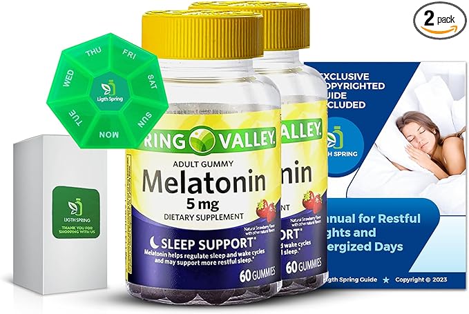 Melatonin Adult Gummies 5 mg Sleep Support 60 Count (2 Pack) with Bundle Exclusive Better Ligth&ampSpring Guide + Weekly Pill Organizer (4 Items)