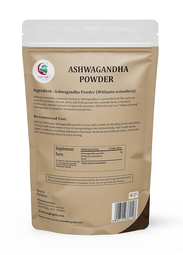 Ashwagandha Powder 1 LB 100% Natural &amp Pure Ashwagandha Root Powder Finely Grounded for Teas Smoothies &amp Recipes Resealable Bag for Freshness - By Yogi’s Gift®