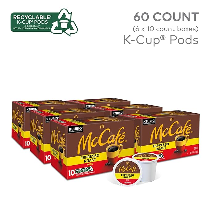 McCafe Espresso Roast Coffee Keurig Single-Serve K-Cup Pods 60 Count (6 Packs of 10) Dark Roast Made with Arabica Beans Bold Flavor with Bittersweet Chocolate &amp Toasted Nut Notes