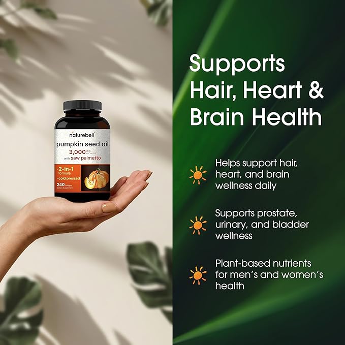 NatureBell Pumpkin Seed Oil 3000mg with Saw Palmetto - 240 Softgels - Rich in Omega-6 &amp Omega-9 - Supplement for Heart Brain Hair &amp Bladder Health*