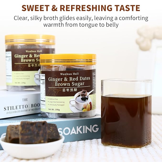 Wanhua Hall Dark Brown Sugar with Red Dates &amp Ginger 13.4oz(190g*2) Handmade Ancient Craft Chinese Black Sugar Cubes in Independent Packaging Natural Sweetness Soothing Ginger Tea for Women&amp