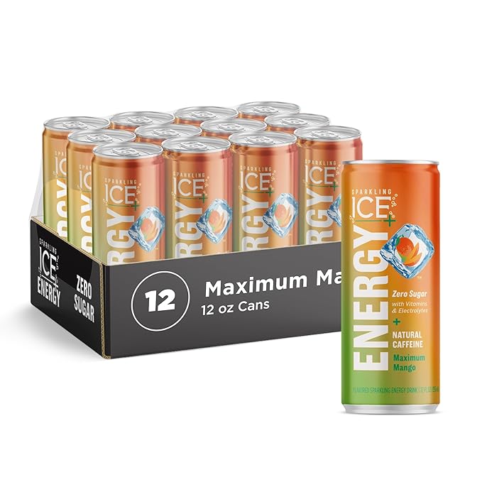 Sparkling Ice +ENERGY Maximum Mango and Sparkling Ice +ENERGY Berry Blast Sparkling Water. Energy drinks with Vitamins &amp Electrolytes Zero Sugar 12 fl oz Cans (Pack of 12 each)