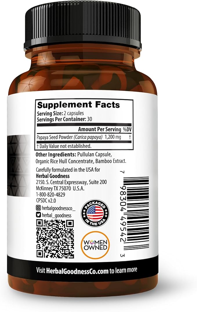 Herbal Goodness Papaya Seeds Powder Capsules - 600mg x 60 Pills Organic Papaya Digestive Enzymes (Papain) | Supports Gut Health Digestion &amp Colon Cleanse Broom 100% Natural Gluten Free Non-GM