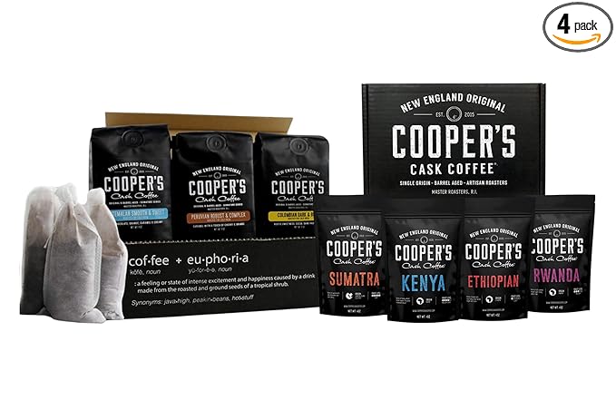 Gourmet Coffee Sampler Gift Box Set - Ground Coffee - 4 bags - 1lb Total and Cold Brew Coffee Box Set (Colombian Peruvian Guatemalan) Ground Coarse for Cold Brew - 6 Filter Bags Included - 1.5lbs