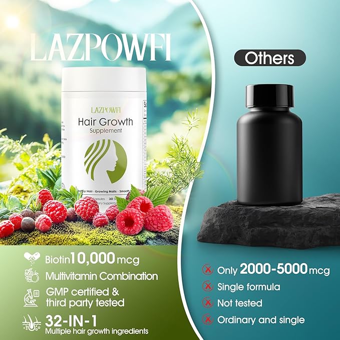 Hair Growth Supplement Biotin 10000mcg 32-in-1 with Vitamin A B3 C Magnesium Calcium Hair Growth Products Supports Hair &amp Nails Natural Growth Vitamins for Women &amp Men - 30 Servings