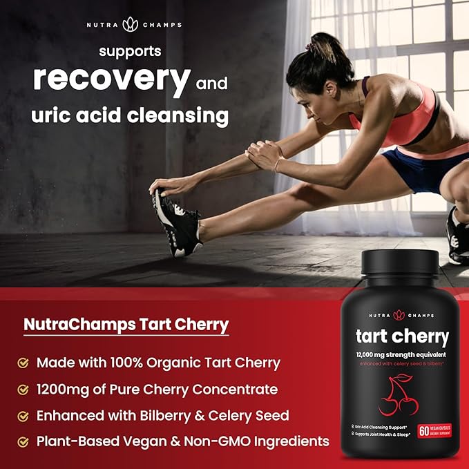 NutraChamps Organic Tart Cherry Extract Capsules 12000mg - Made from Montmorency Tart Cherry Concentrate Celery Seed &amp Bilberry - Uric Acid Cleanse &amp Joint Support - Vegan Capsules (Pack of