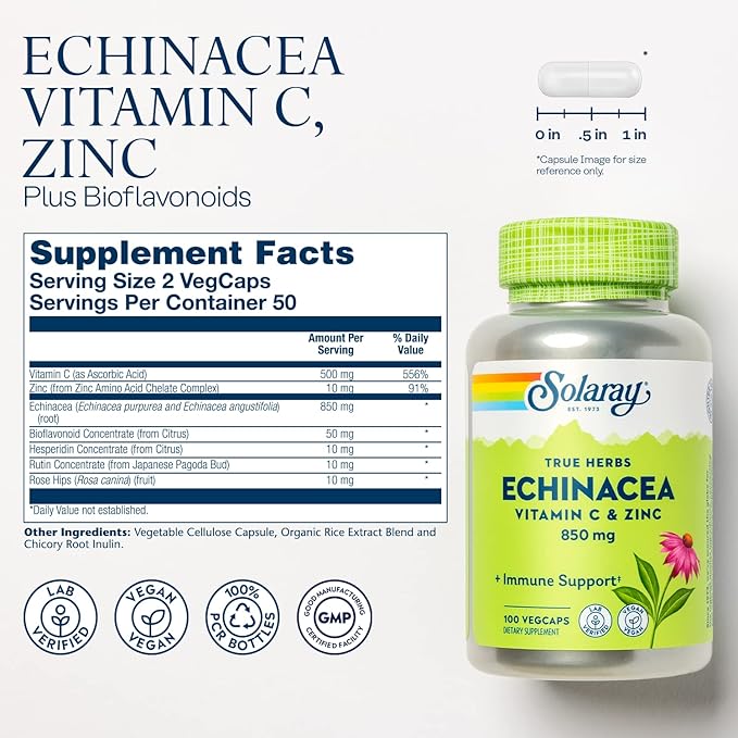 SOLARAY Echinacea Vitamin C and Zinc Wellness Formula - Immune Support Supplement - Echinacea Capsules with Vitamin C 500mg Plus Bioflavonoids Vegan 60-Day Guarantee 50 Servings 100 VegCaps