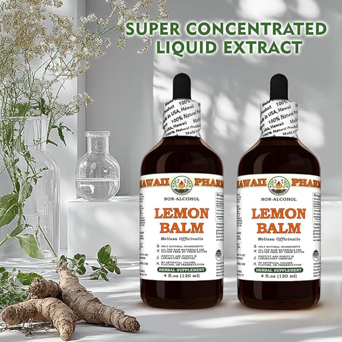 Hawaii Pharm Lemon Balm Alcohol-Free Extract Glycerite for Relaxation Supports Restful Sleep Promotes Mental Clarity and Cognitive Function Eases Digestive Discomfort - 4 fl.oz