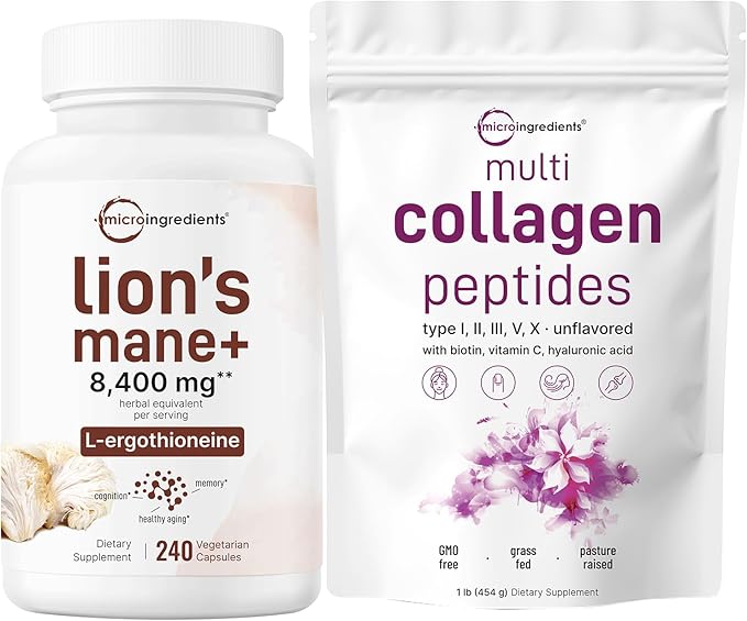 Micro Ingredients Multi Collagen Protein Powder 16oz &amp Lions Mane Supplement 240 Veggie Capsules Bundle 2 Pack | Grass-Fed Collagen Peptides | Superfood Mushroom Antioxidants with L-Ergothioneine
