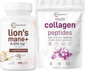 Micro Ingredients Multi Collagen Protein Powder 16oz &amp Lions Mane Supplement 240 Veggie Capsules Bundle 2 Pack | Grass-Fed Collagen Peptides | Superfood Mushroom Antioxidants with L-Ergothioneine