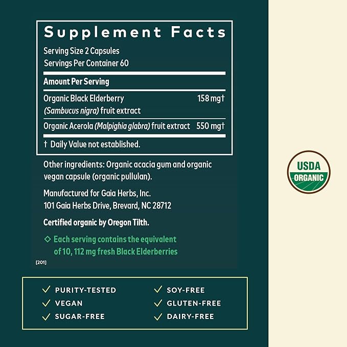 Gaia Herbs Black Elderberry - Daily Immune Support Supplement to Help Support Wellness - with Black Elderberries &amp Acerola Fruit for Antioxidant Support* - 120 Vegan Capsules (60 Servings)