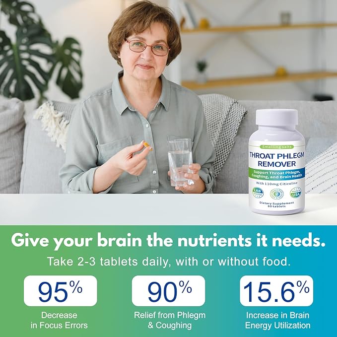 QUBIT Throat Phlegm Support – Fast Relief for Throat Phlegm &amp Coughing – Citicoline Supplement for Mental Clarity Respiratory &amp Brain Health – Non-GMO Gluten-Free 60 Tablets