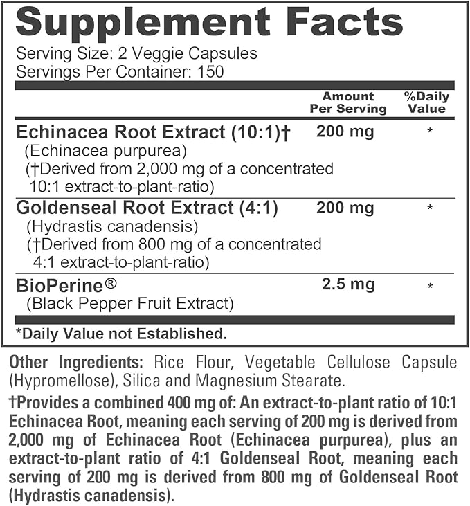 NusaPure Echinacea Goldenseal 200mg (Extract 10:1 Equivalent to 2000mg) 200mg (Extract 4:1 Equivalent to 800mg) - 2800mg 300 Veggie Caps (Vegetarian Non-GMO Vegan)