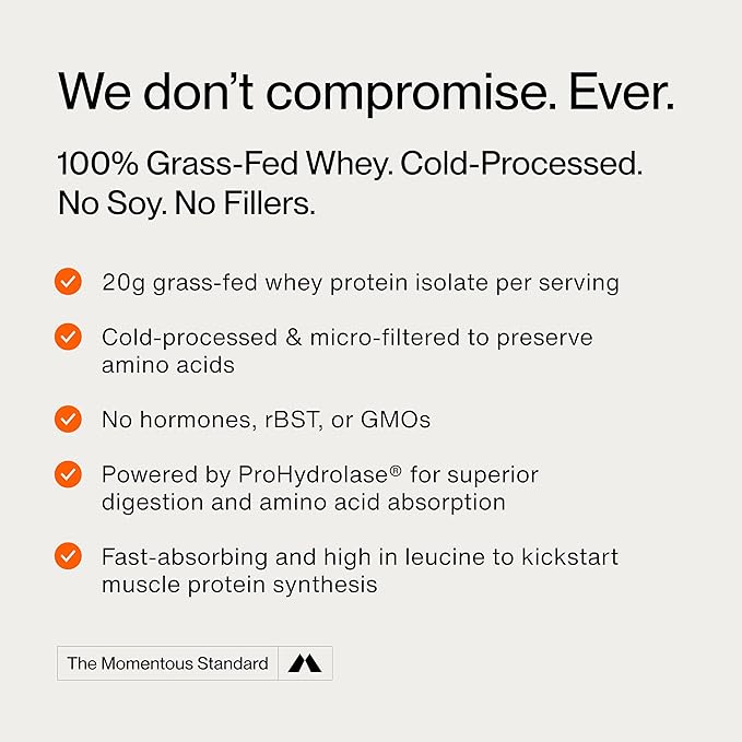 Momentous Essential Grass-Fed Whey Protein Powder - 20 g Whey Isolate Protein - NSF Certified for Sport - Gluten-Free - 25 Servings for Essential Everyday Use - Unflavored - Package May Vary