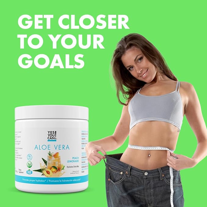 Yes You Can! Aloe Vera Powder Drink Mix - Hydration Booster Infused with Pure Organic Aloe Vera Extract - Delicious Flavors - Made in USA - Antioxidant Rich - Peach Lemonade Flavor - 40 Servings Per C