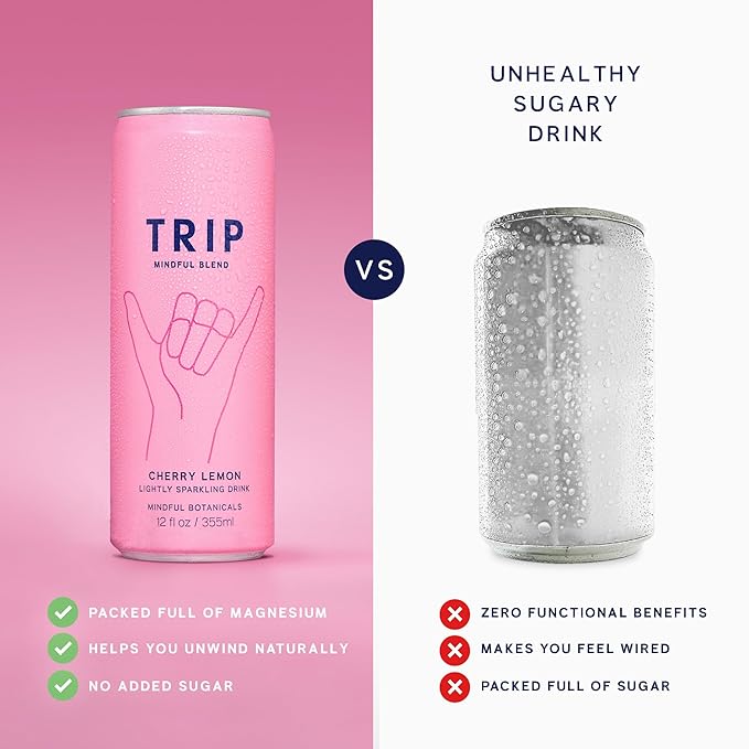 TRIP Lightly Sparkling Adaptogen Drink Non Alcoholic Drink with Magnesium Ashwagandha Lions Mane &amp L Theanine No Added Sugar Mocktail Vegan Cherry Lemon 12 Oz 12Pk
