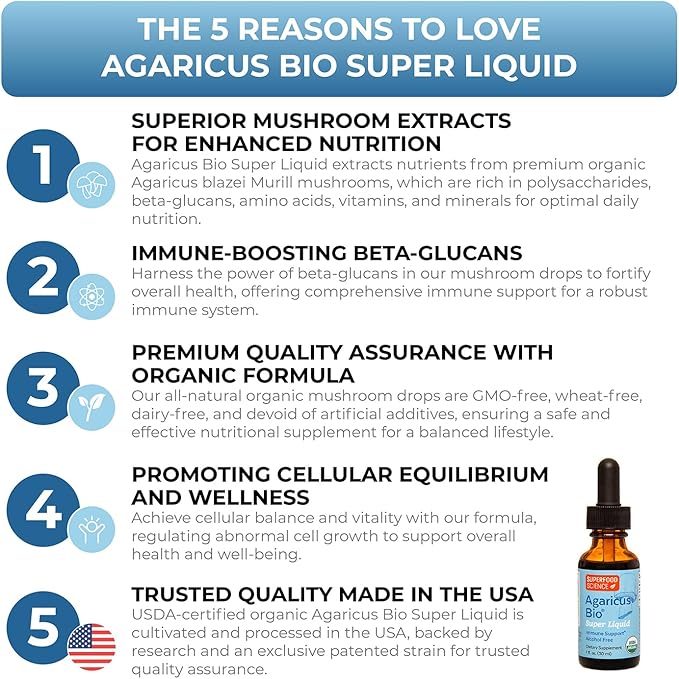 Agaricus Bio Super Liquid Organic Blazei Mushroom Extract Tincture Fruiting Body Beta-Glucan Drops for Natural Killer Cell Activity Liquid Mushroom Supplement for Liver and Immune Support 30 ml