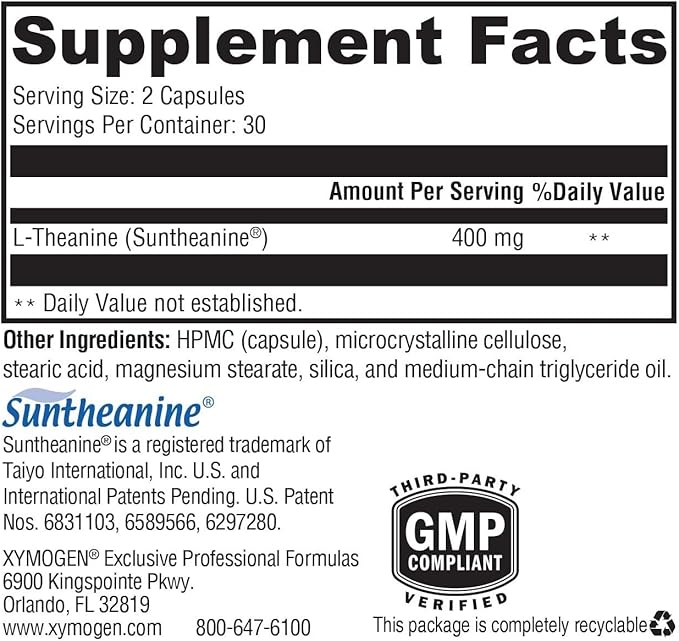 XYMOGEN L-Theanine - Patented Suntheanine L theanine 400mg Per Serving - Amino Acid Supplement to Support Calm + Relaxation Without Drowsiness Liver Health (60 Capsules)