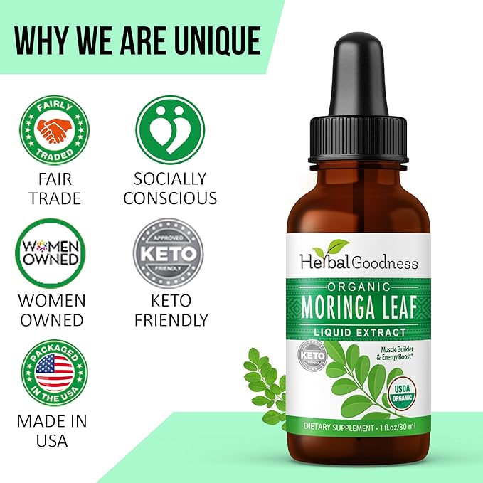 Herbal Goodness Moringa Extract Liquid Drops 1 Fl. oz - Superfoods Tincture for Energy &amp Immune Support Organic and Highly Bioavailable Alternative to Moringa Capsules &amp Powder Non-GMO Vegan